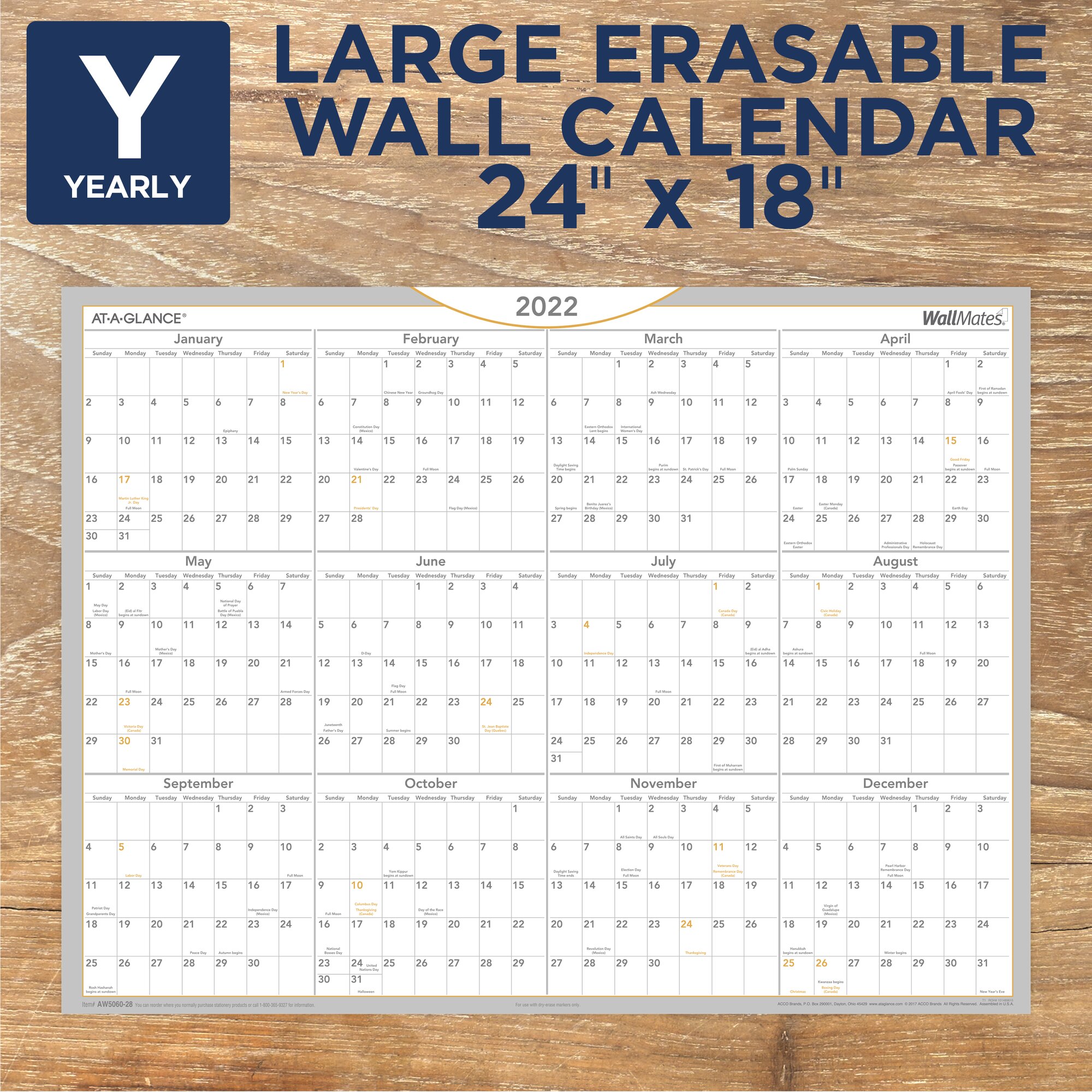 ATAGLANCE 2022 WALLMATES SelfAdhesive DryErase Yearly Calendar