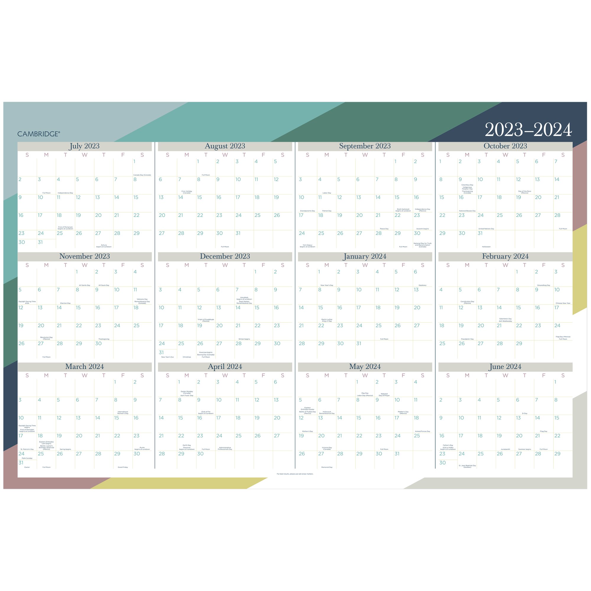 CAMBRIDGE RAE 20232024 Erasable Wall Calendar Reversible Academic