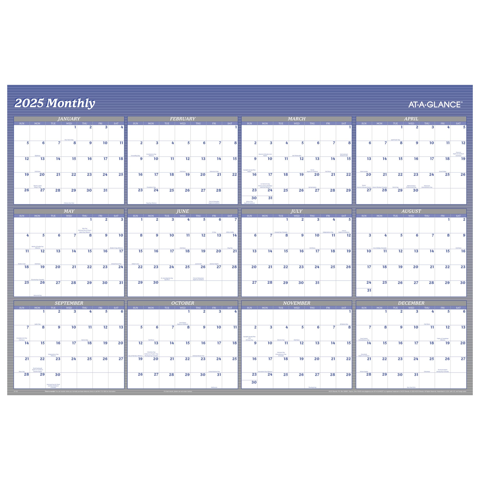 AT-A-GLANCE 2025 VERTICAL Horizontal Reversible Yearly Wall Calendar