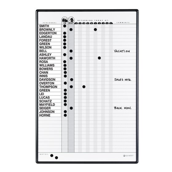 Employee In/Out Board System, Up to 36 Employees, 24 x 36, Porcelain White/Gray Surface, Black Aluminum Frame