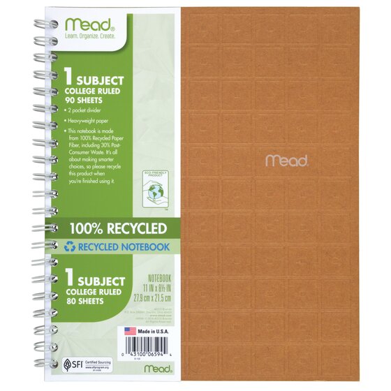 7" x 5" Colors, 80 Sheets Mead Spiral Notebook Recycled College Ruled Paper 
