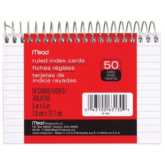 Mead Spiral Bound Index Card, White, 5 x 3 - 50 count
