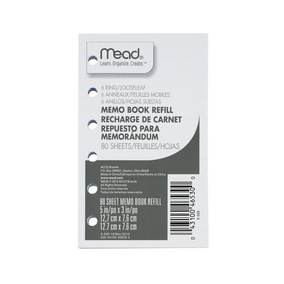 Mead Memo Book Refill Pages, LooseLeaf, Narrow Ruled, 80 Sheets, 3" x