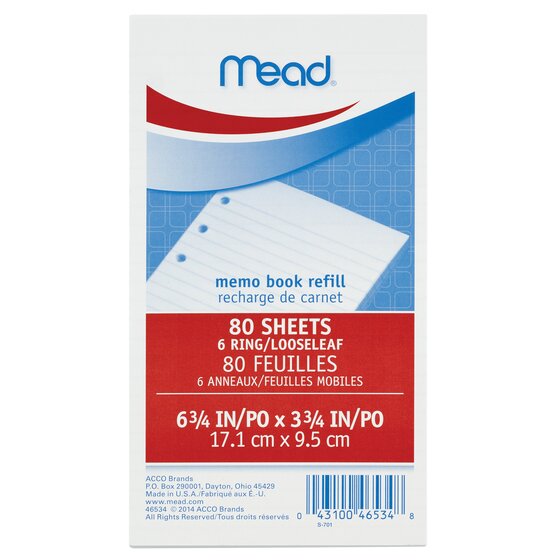 3.75" X 6.75" Narrow Ruled 1 Each Mead Memo Book Refill Paper 80 Sheet 