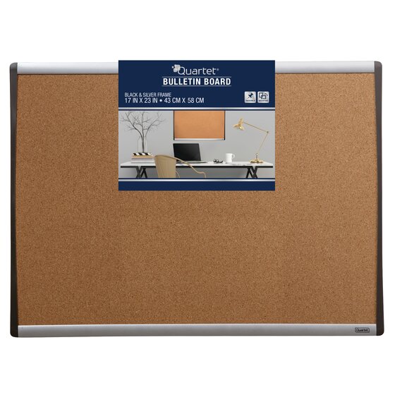 Quartet Cork Bulletin Board, 17" x 23", Black and Silver Frame Cork Boards Quartet