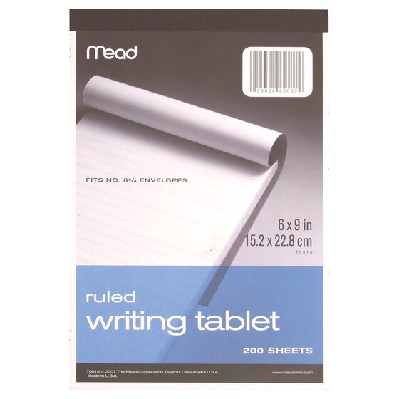 Mead 6 x 9 Inch 100-Sheet White Ruled Writing Tablet Notepad 70102 