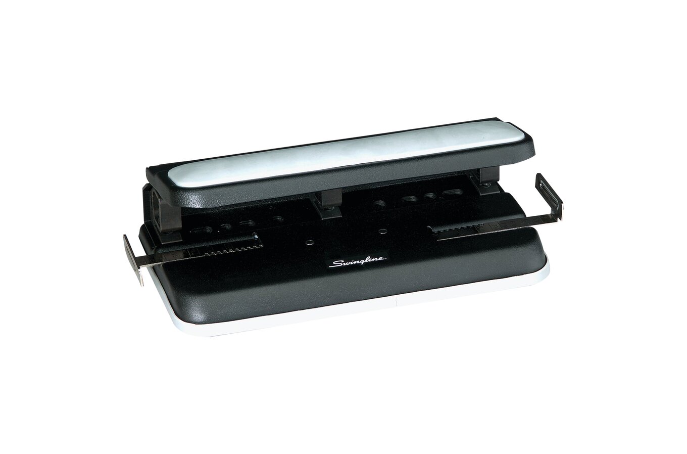 40-Sheet Accented Heavy-Duty Lever Action Two- to Seven-Hole Punch, 11/32  Holes, Black/Woodgrain - Office Source 360