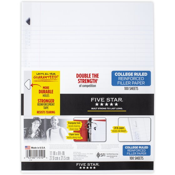 Limited edition College Ruled 11 x 8.5 Reinforced Five Star Filler Paper Loose Leaf Paper 100 Sheets/Pack Pack Of 3 17010 