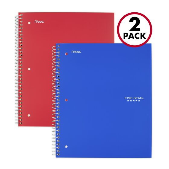 Basics College Ruled Wirebound 5-Subject Notebook 2-Pack 10.5 x 8 Dividers with Pockets 200-Sheet 