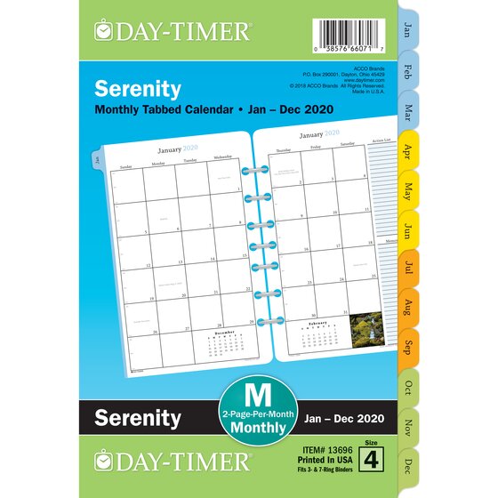 Day-Timer Serenity 2021 Two Page Per Month Tabbed Calendar Refill