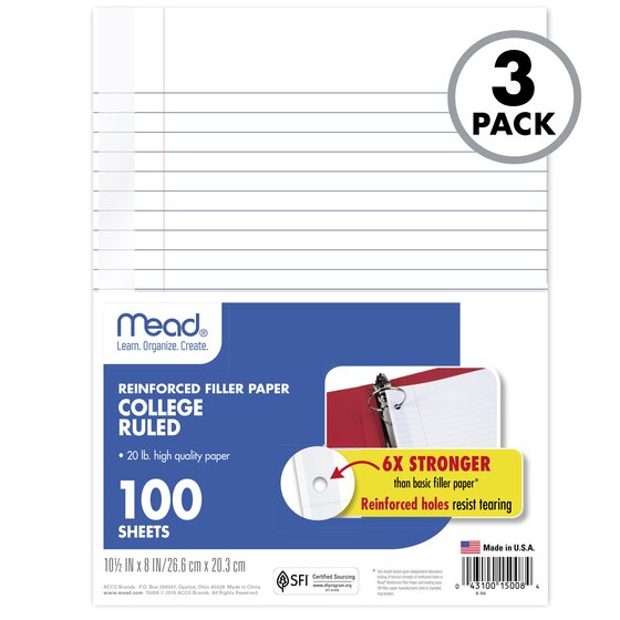 Mead Reinforced Filler Paper College Ruled 10 12 X 8 100 Sheetspack 3 Pack Filler 8778