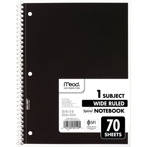 Mead Spiral Notebook 05746 10-1/2 x 7-1/2 120 Sheets 3 Subject Color Selected For You Wide Ruled Paper 