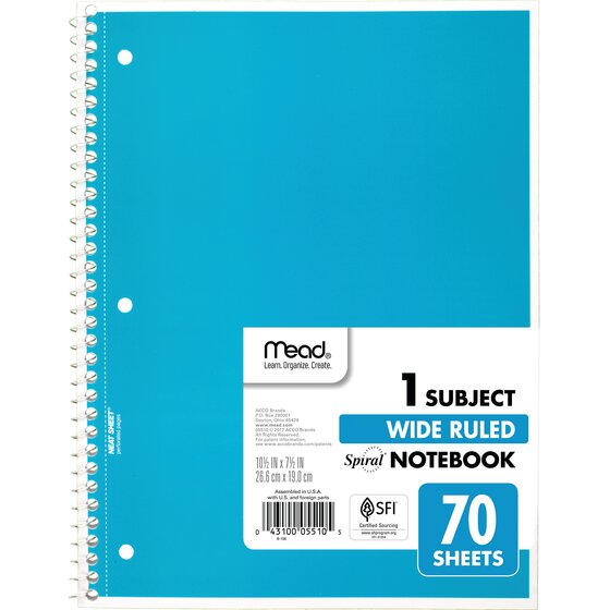 1 Subject 10-1/2 x 7-1/2 Assorted Colors Spiral Notebooks 70 Sheets Pack of 24 Wide Ruled Paper 