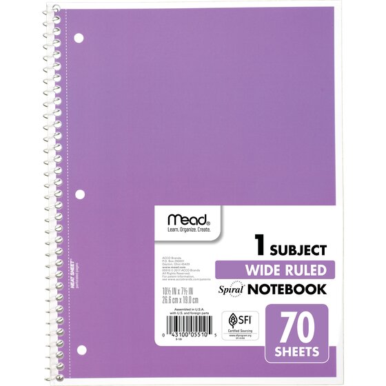 Mead 1 Notebook Single Subject Spiral Notebook 70 Sheets Wide Ruled 