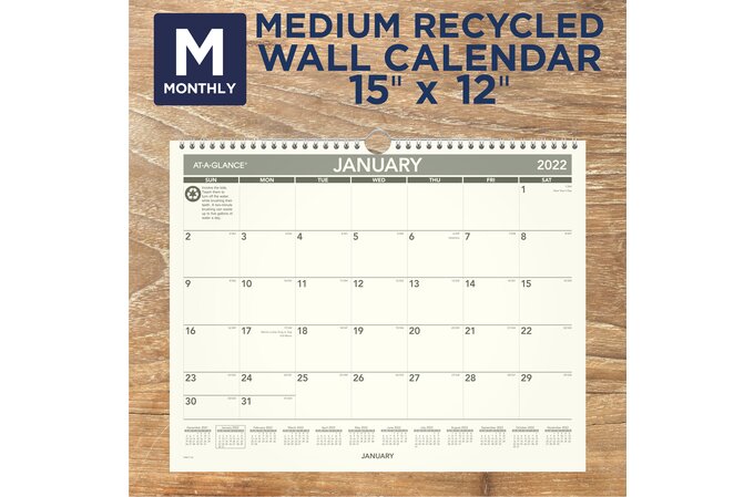 At-A-Glance 2022 Recycled Monthly Wall Calendar, Medium, 15" X 12" | Monthly Wall Calendars | At-A-Glance