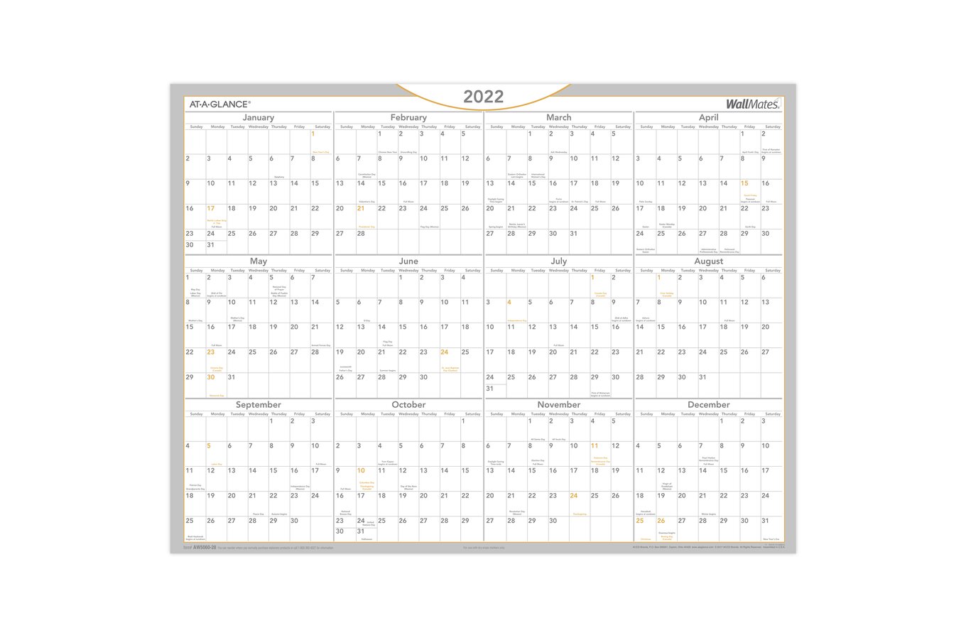 At-A-Glance 2022 Wallmates Self-Adhesive Dry-Erase Yearly Calendar, Large, 24" X 18" | Erasable Wall Calendars | At-A-Glance