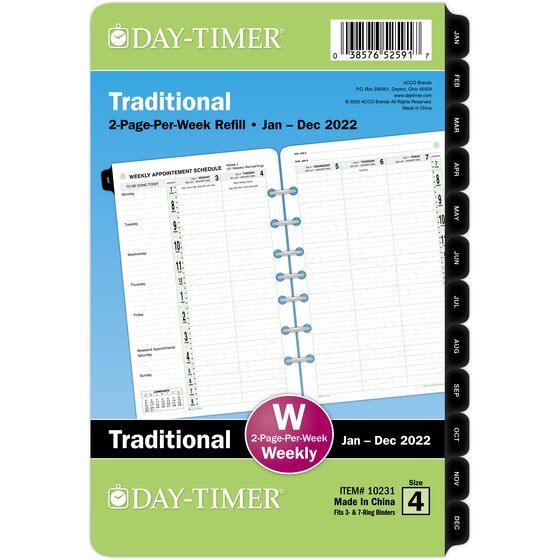 Day-Timer 2022 Two Page Per Week Vertical Column Planner Refill, Loose-Leaf, Desk Size, 5 1/2" x 8 1/2"