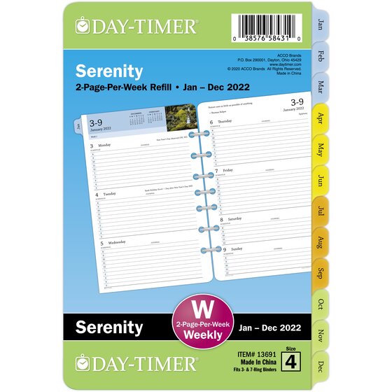 DayTimer Serenity 2022 Two Page Per Week Planner Refill, LooseLeaf