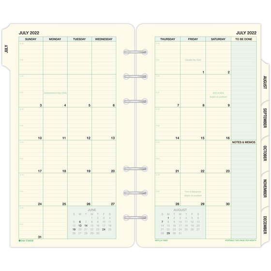 Day-Timer July 2022 - June 2023 Two Page Per Month Tabbed Calendar Refill, Loose-Leaf, Portable Size, 3 3/4" x 6 3/4"