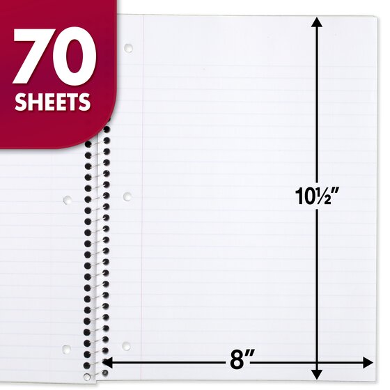 70 Sheets 10-1/2" x 7-1/ College Ruled Paper Mead Spiral Notebooks 1 Subject 