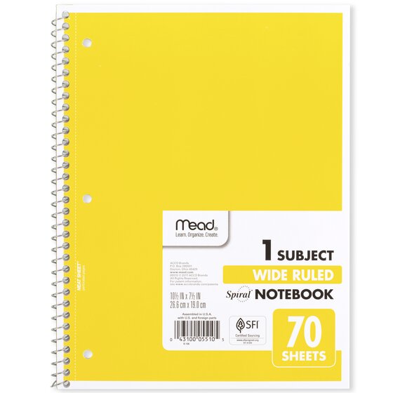 Mead Spiral Notebooks 1 Subject Wide Ruled Paper 70 Sheets 10-1/2 x 7-1/2 inc... 