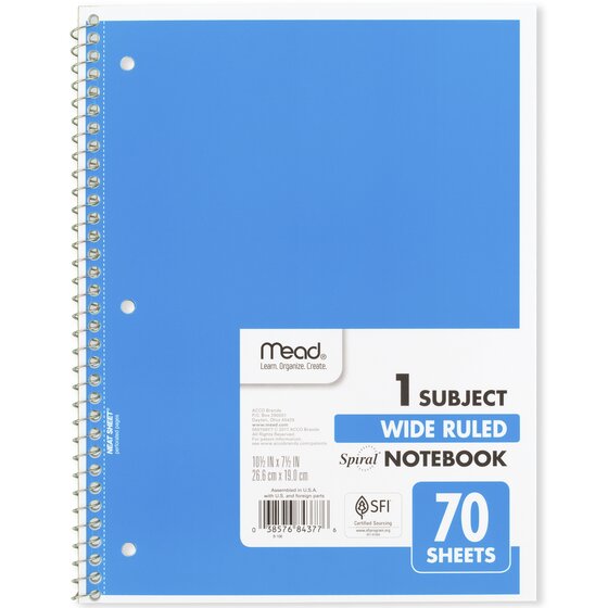 Mead Spiral Notebook 1 Subject 70 Pages Wide Ruled 10.5"x7.5" Cat Dog Bear 
