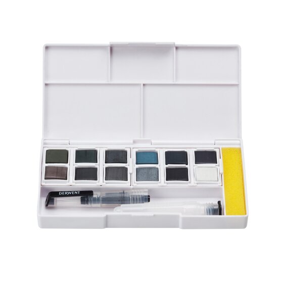 Derwent Tinted Charcoal Paint Pan Set - 12 Water-Soluble Colors With Brush & Mixing Palettes
