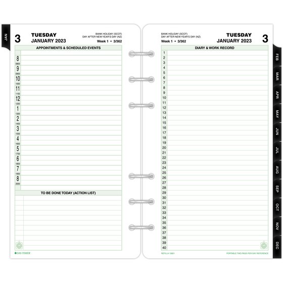 Day-Timer January 2023 – December 2023 Two Page Per Day Reference Planner Refill, Loose-Leaf, Portable Size, 3 3/4" x 6 3/4"