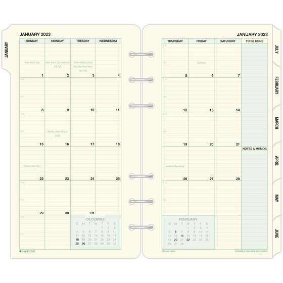 Day-Timer January 2023 – December 2023 Two Page Per Month Tabbed Calendar Refill, Loose-Leaf, Portable Size, 3 3/4" x 6 3/4"
