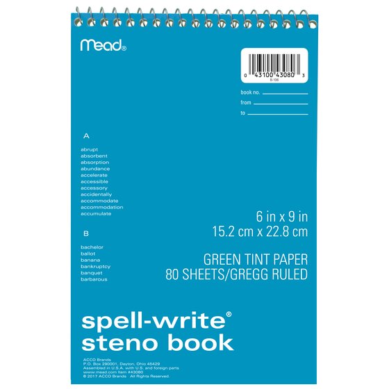 Mead Spell-Write Wirebound Steno Book, 80 Sheets, Green Paper, 6" X 9 ...