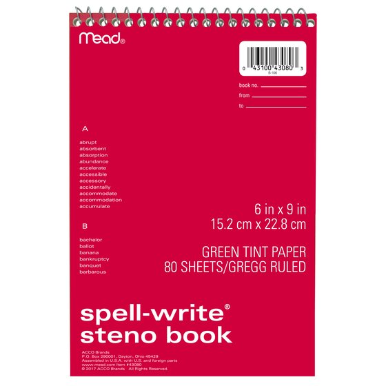 Mead Spell-Write Wirebound Steno Book, 80 Sheets, Green Paper, 6" X 9 ...