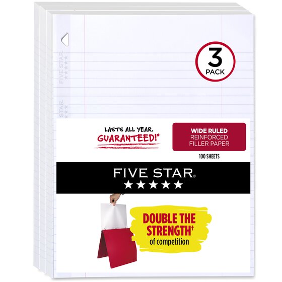 Five Star Reinforced Filler Paper, Wide Ruled, 8" x 10 1/2", 100 Sheets