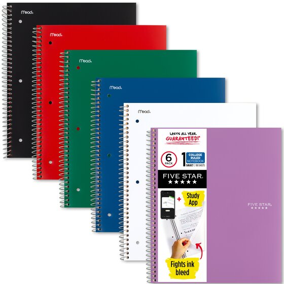 Five Star Wirebound Notebook Plus Study App, 1 Subject, College Ruled, 8 1/2" x 11", 6 Pack