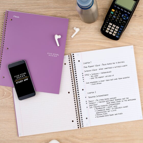 Five Star Spiral Notebook + Study App, 1 Subject, Wide Ruled, 8" X 10-1/2", 80 Sheets, Fights Ink Bleed, Water Resistant Cover, Black Stars Glow In The Dark (930020F