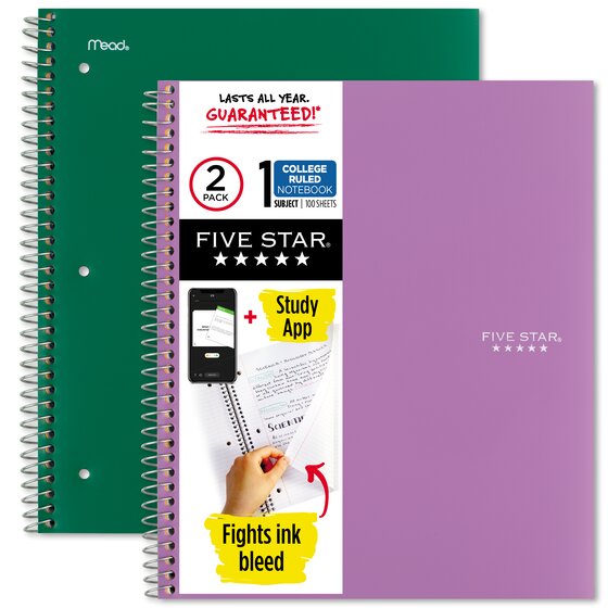 Five Star Wirebound College Ruled 1 Subject Notebook 100 Sheets 