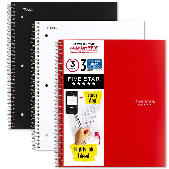 Five Star Wirebound Notebook Plus Study App, 3 Subject, College Ruled, 8 1/2" x 11", 3 Pack, Black/White/Red