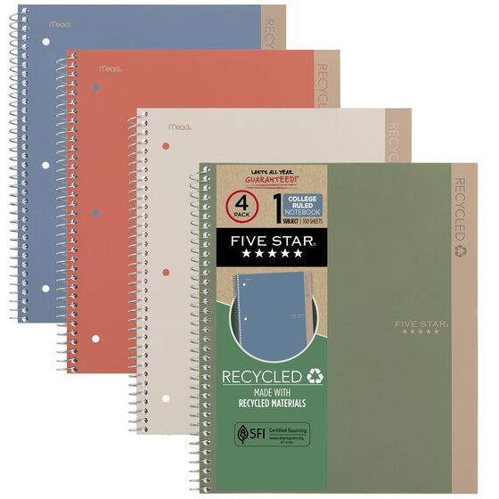 Five Star Recycled Notebook Plus Study App, 1 Subject, College Ruled, 8