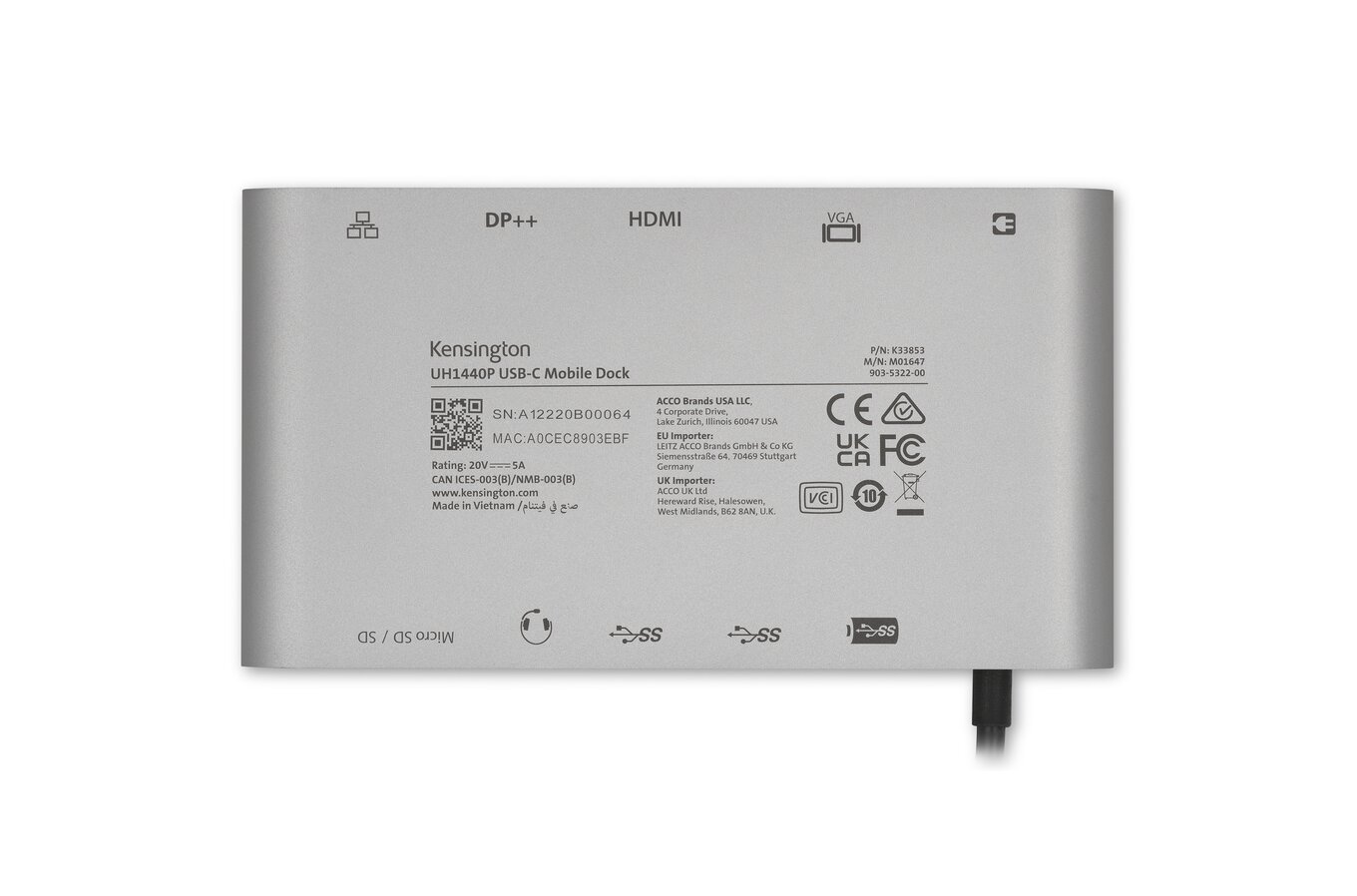Kensington UH1440P Station d'accueil mobile USB-C 5 Gbits/s sans
