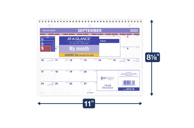 AT-A-GLANCE Academic 2023-2024 Monthly Desk Wall Calendar, Small, 11" x