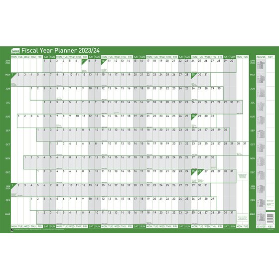 Sasco 2023 Fiscal Year Wall Planner with wet wipe pen & sticker pack, Green, Board Mounted