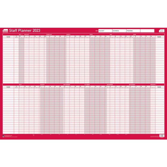 Sasco 2023 Staff Year Wall Planner with wet wipe pen & sticker pack, Board Mounted