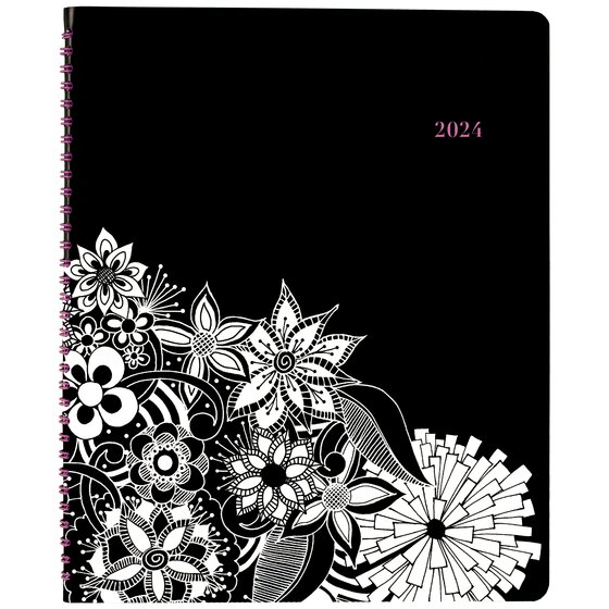 Cambridge Floradoodle Premium 2024 Weekly Monthly Appointment Book, Black, White, Large