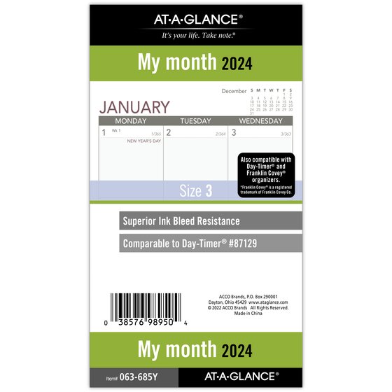 ATAGLANCE 2024 Monthly Planner Refill, LooseLeaf, Portable Size, 3 3