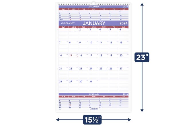 AT-A-GLANCE 2024 Three Month Wall Calendar, Large, 15 1/2