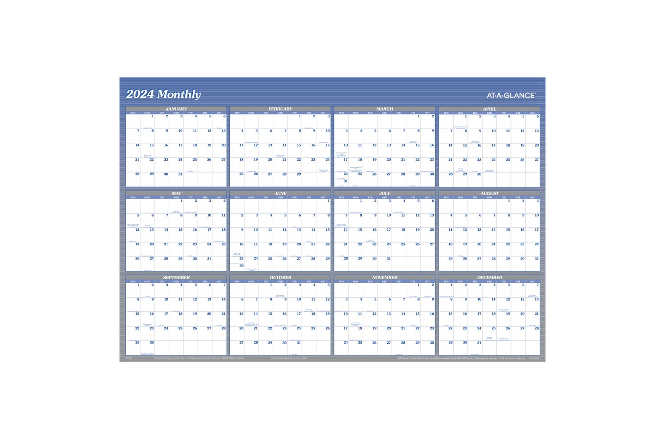 AT-A-GLANCE 2024 Vertical Horizontal Reversible Erasable Yearly Wall  Calendar, Blue, Extra Large, 48" x 32" | Wall Calendars | AT-A-GLANCE