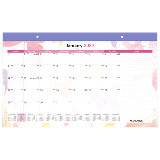 ATAGLANCE Watercolors 2024 Monthly Desk Pad Calendar, Compact, 17 3/4" x 11" Desk Pad