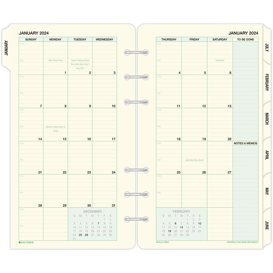 Day Timer Two Page Per Month LooseLeaf Tabbed Calendar Refills, 3 3/4