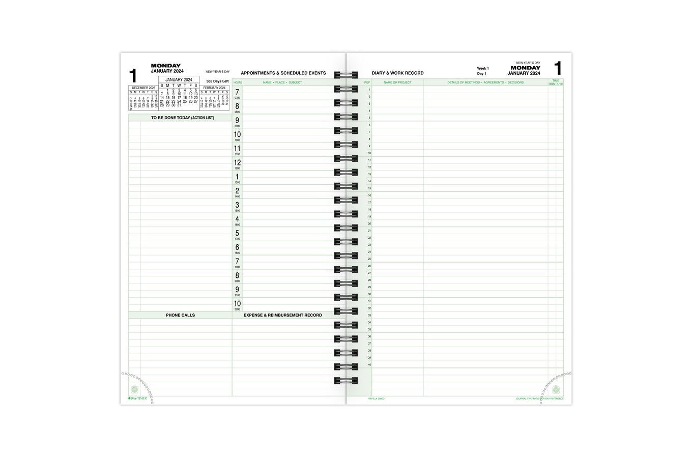 Day-timer January 2024 December 2024 Two Page per Day Reference Planner Refill, Size: Folio, White