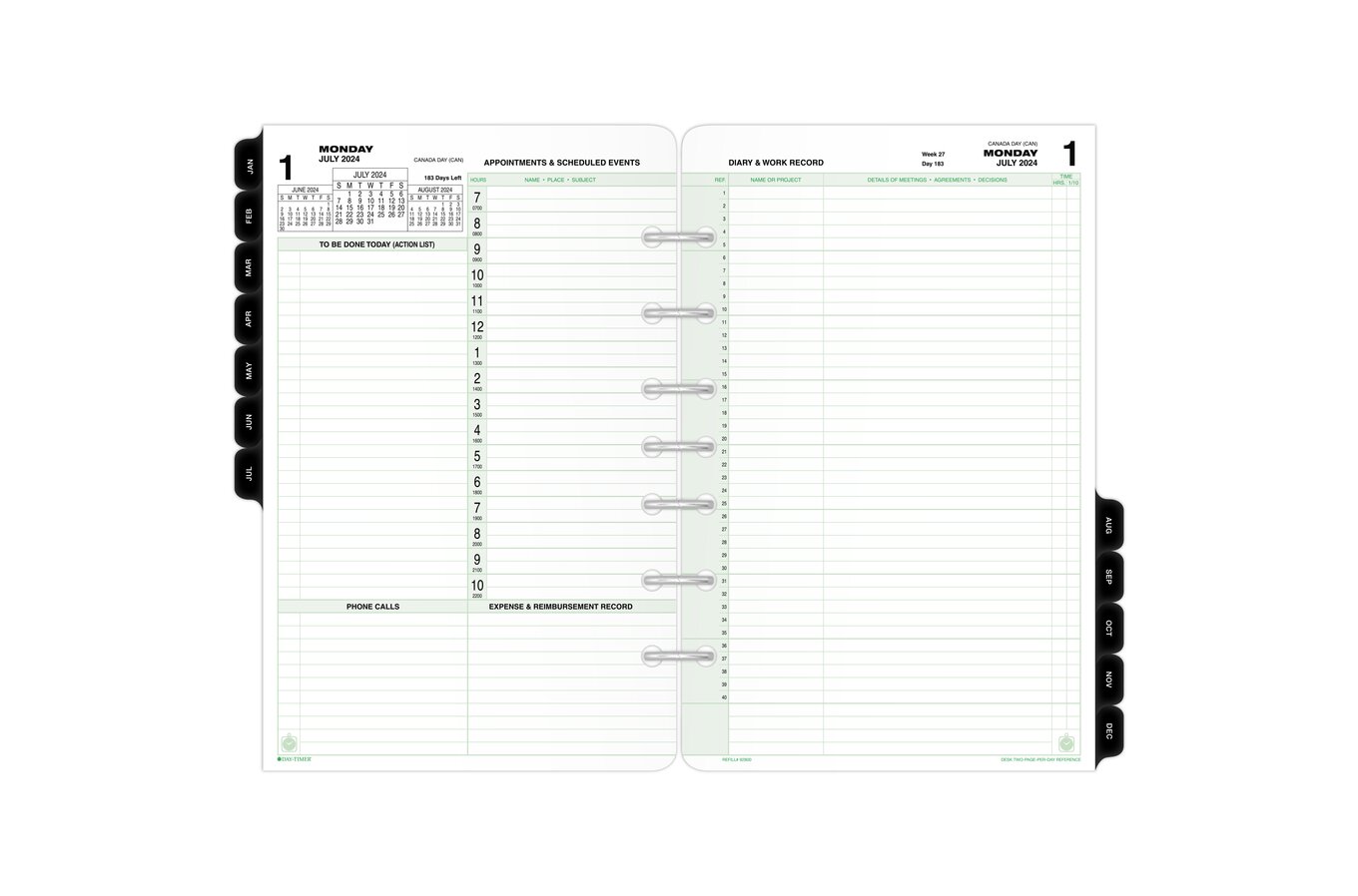 Day-Timer Two Page Per Day Reference Loose-Leaf Planner Refills, 5 1/2 x 8  1/2, Daily