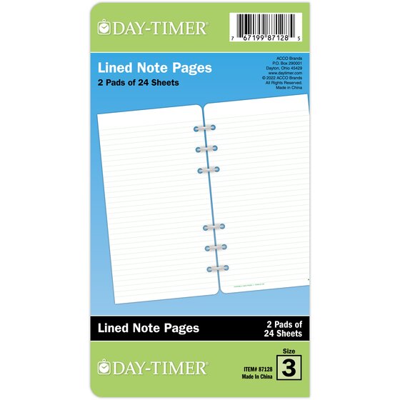 Day-Timer Undated Lined Note Pages, Loose-Leaf, Portable Size, 3 3